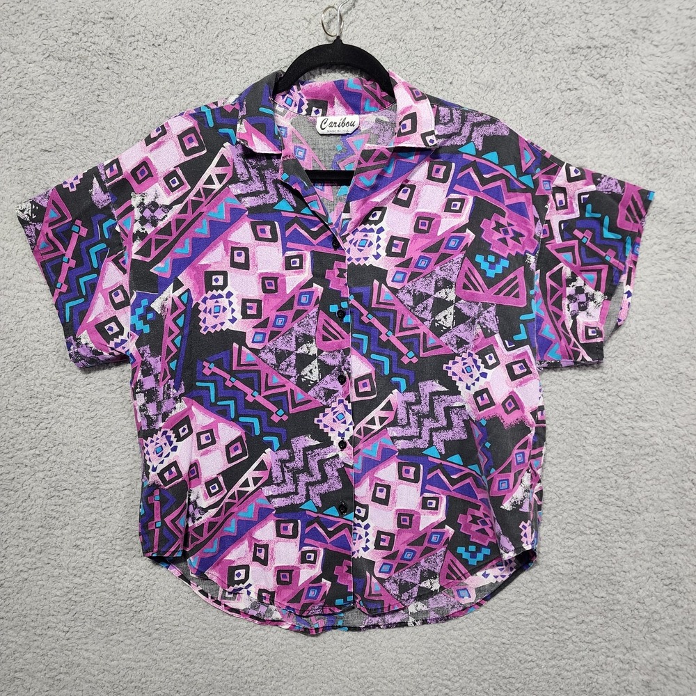 Vintage Lady Caribou Geometric Purple Button Up‎ Short Sleeve Shirt SZ 16 Plus